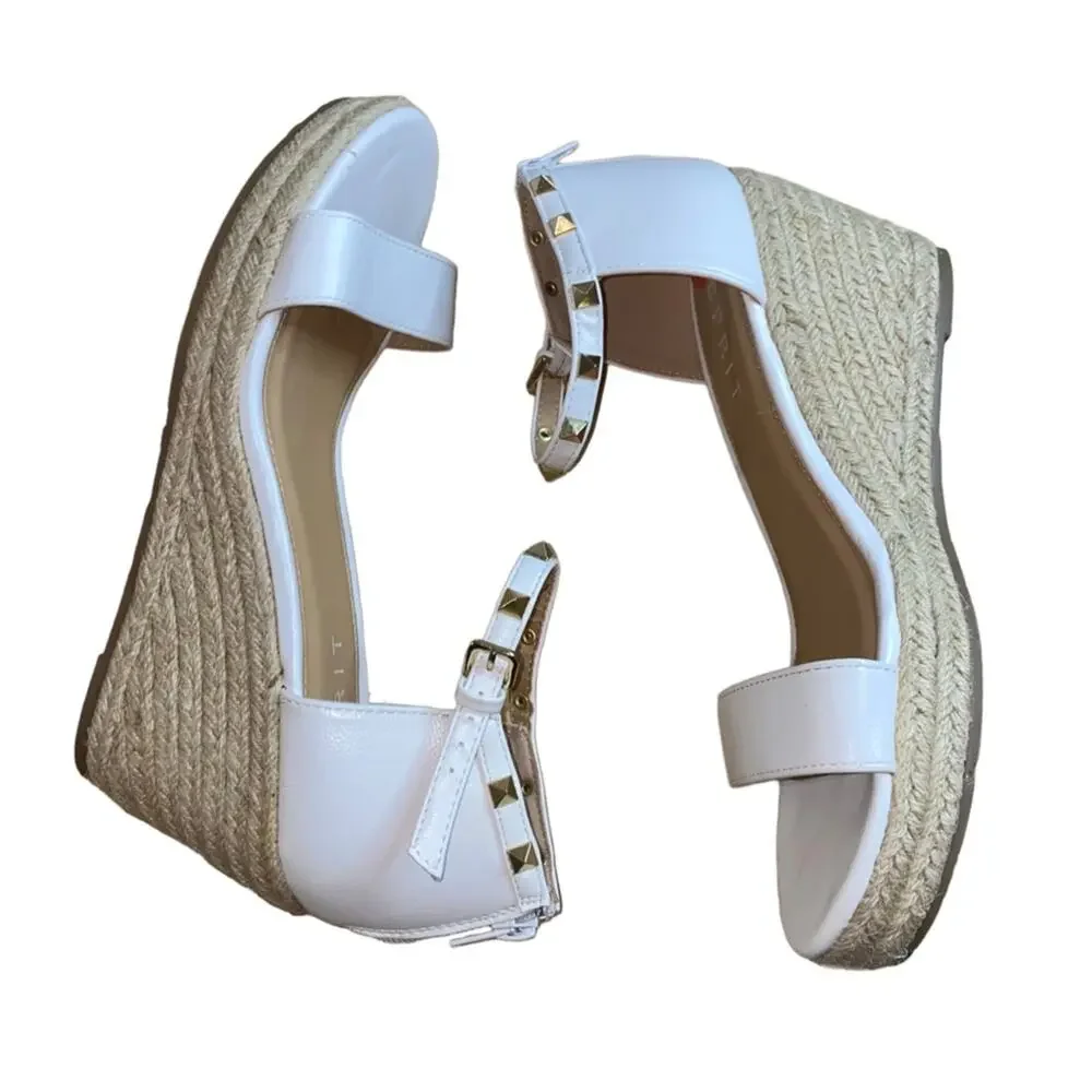 ESPRIT Romy Studded Espadrille Wedge Sandals Size 9.5 Ivory/Nude Ankle‎ Strap